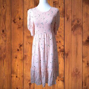 Yakira Bella Women's Large Short Sleeve Pink Smocked Floral Peplum Hem Dress